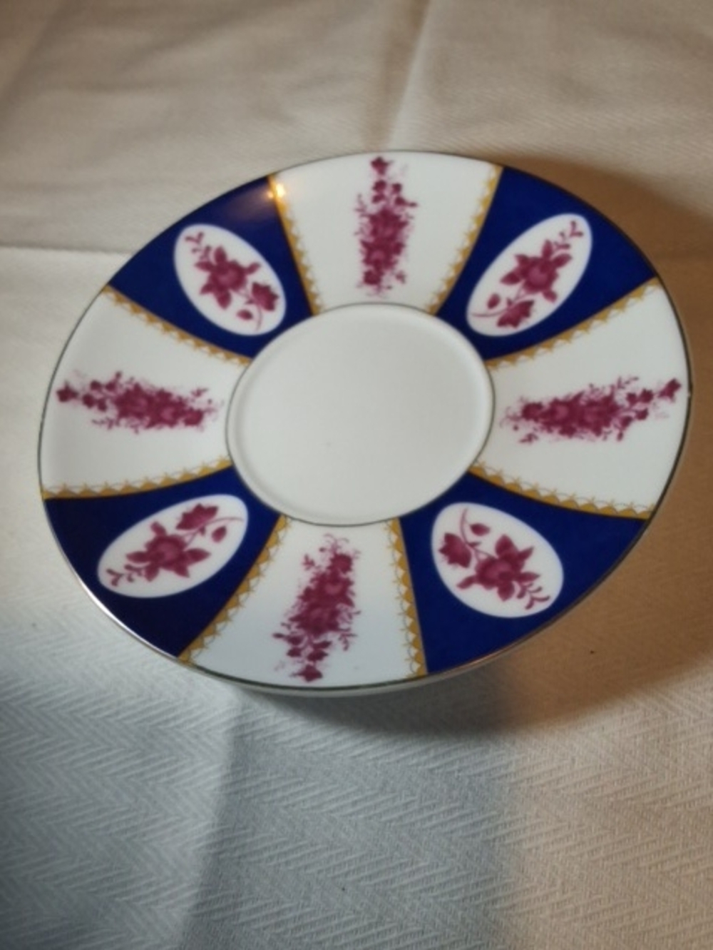 Porcelain Saucer with Cobalt Blue and Magenta Floral Accent